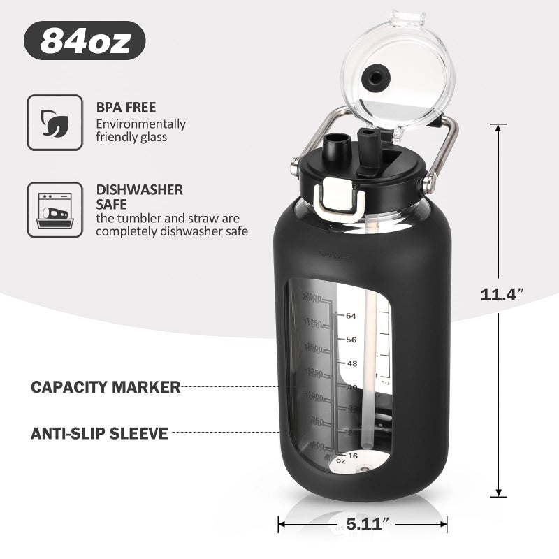 MUKOKO 84oz Glass Water Bottle with Time Marker and Silicone Sleeve 2.5L Water Jug with Stainless Steel Handle Gallon Drinking Bottle with 2-in-1 Lid Wide Mouth BPA Free, Black - Image 5