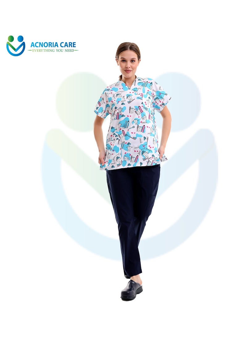 ACNORIA CARE Women's Printed Medical Scrubs Consisting Of Two Pieces Blouse And Pants 65% Polyester, 35% Cotton White Color - Size M - From Acnoria Care  - Image 4