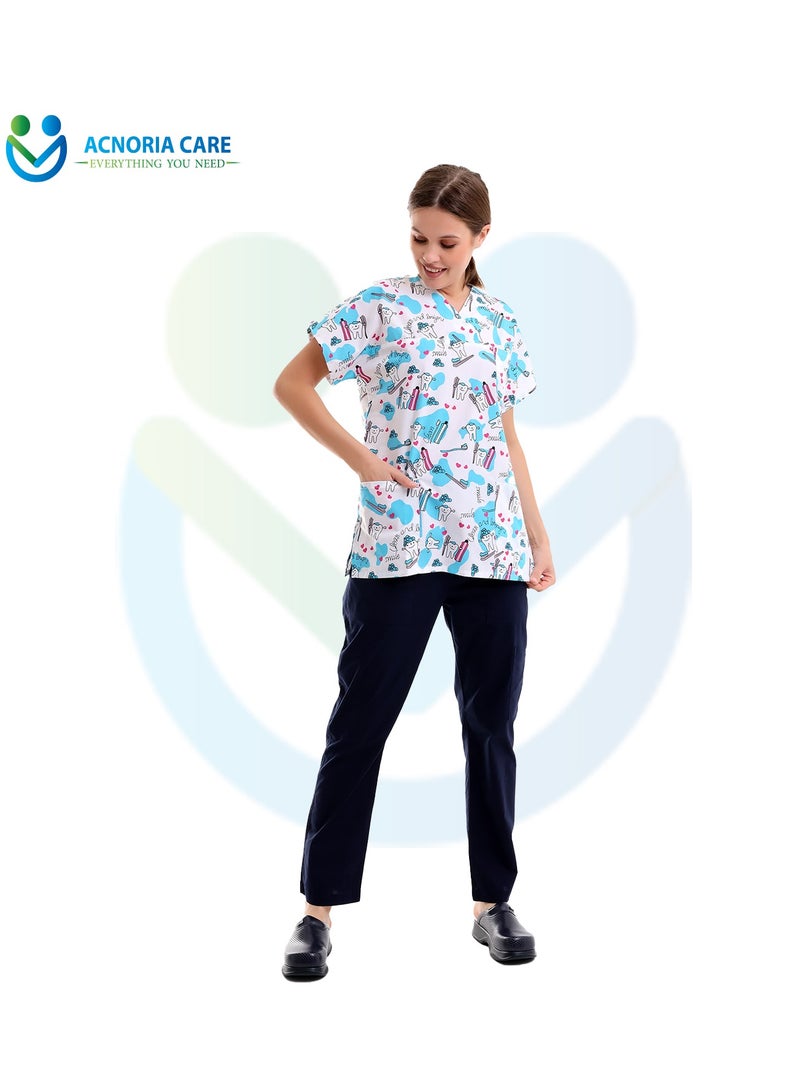 ACNORIA CARE Women's Printed Medical Scrubs Consisting Of Two Pieces Blouse And Pants 65% Polyester, 35% Cotton White Color - Size M - From Acnoria Care  - Image 3