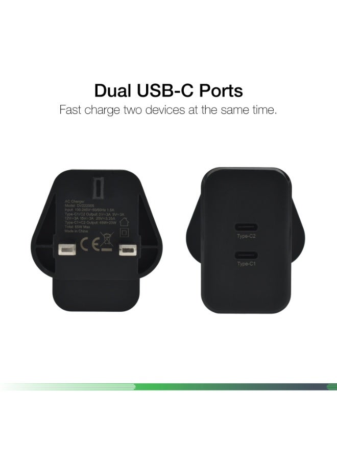 Dviced Wall charger with 65W GaN and 2 USB-C ports  UK plug - Black - Image 3