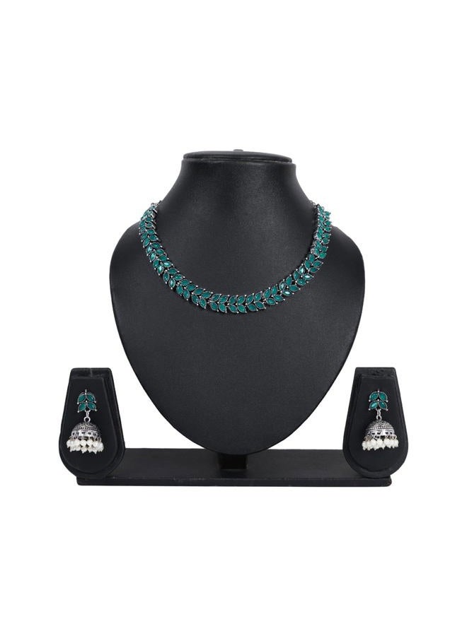 Efulgenz Indian Jewelry Sets for Women Bohemian Indian Oxidized Jewelry Antique Boho Leaf Crystal Stone Necklace Sets with Faux Pearl Drop Jhumki Jhumka Dangle Earrings Choker Necklace Set - Image 3