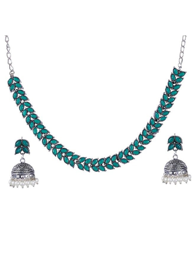 Efulgenz Indian Jewelry Sets for Women Bohemian Indian Oxidized Jewelry Antique Boho Leaf Crystal Stone Necklace Sets with Faux Pearl Drop Jhumki Jhumka Dangle Earrings Choker Necklace Set - Image 1