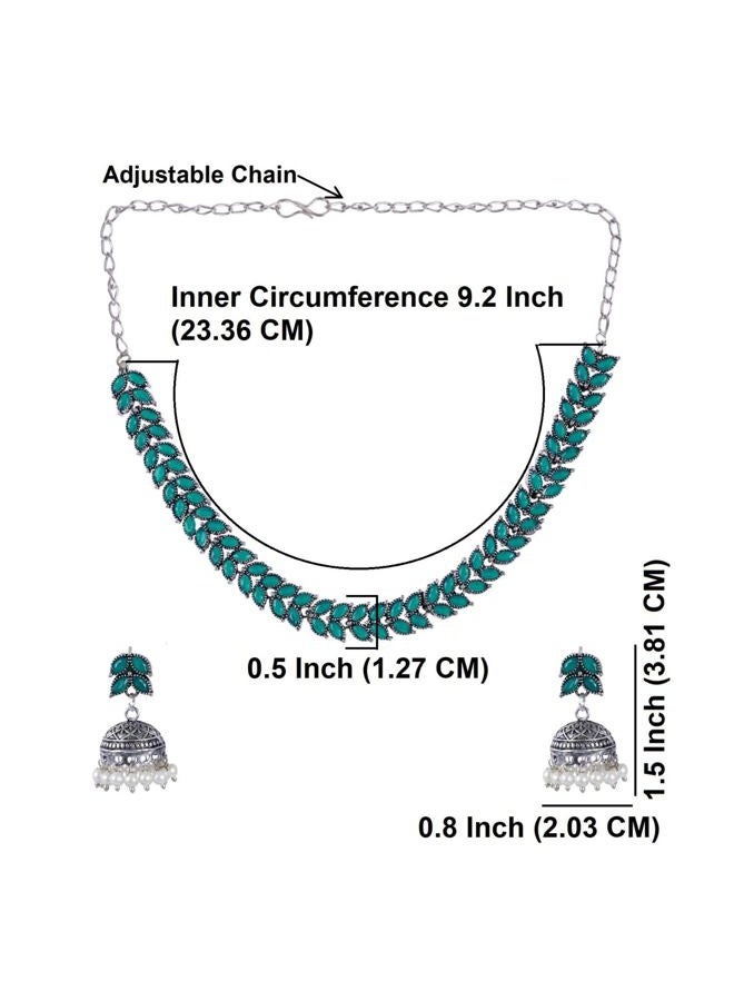Efulgenz Indian Jewelry Sets for Women Bohemian Indian Oxidized Jewelry Antique Boho Leaf Crystal Stone Necklace Sets with Faux Pearl Drop Jhumki Jhumka Dangle Earrings Choker Necklace Set - Image 4