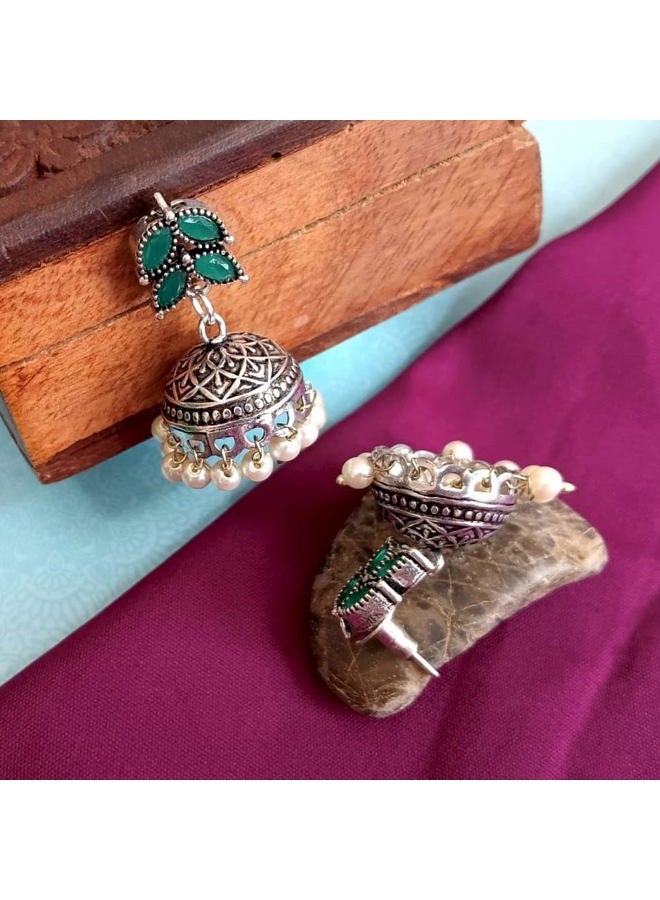 Efulgenz Indian Jewelry Sets for Women Bohemian Indian Oxidized Jewelry Antique Boho Leaf Crystal Stone Necklace Sets with Faux Pearl Drop Jhumki Jhumka Dangle Earrings Choker Necklace Set - Image 5