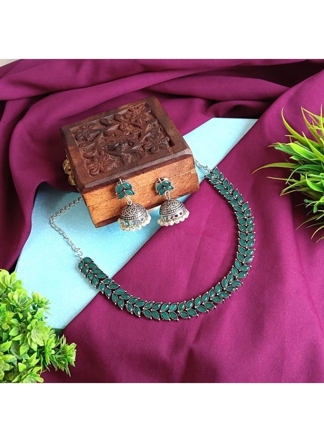 Efulgenz Indian Jewelry Sets for Women Bohemian Indian Oxidized Jewelry Antique Boho Leaf Crystal Stone Necklace Sets with Faux Pearl Drop Jhumki Jhumka Dangle Earrings Choker Necklace Set - Image 2