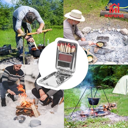 Marsrut Metal Match Box Case Stainless Steel Matchboxes with Friction Plate Striker, Matchstick Holder Vintage Portable Mini Storage Reusable One Button Waterproof Fireplace Starter for Outdoor Camping-Black - Image 4