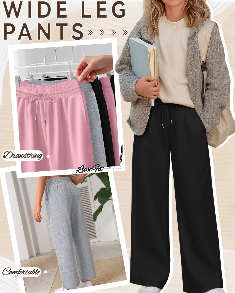 LessonZoo Teen Girls Sweatpants Wide Leg Drawstring Baggy Pants Straight Leg Athletic Trousers with Pockets Size 5-14(Pink, Light Heather Gray, Black,11-12 Years) - Image 4