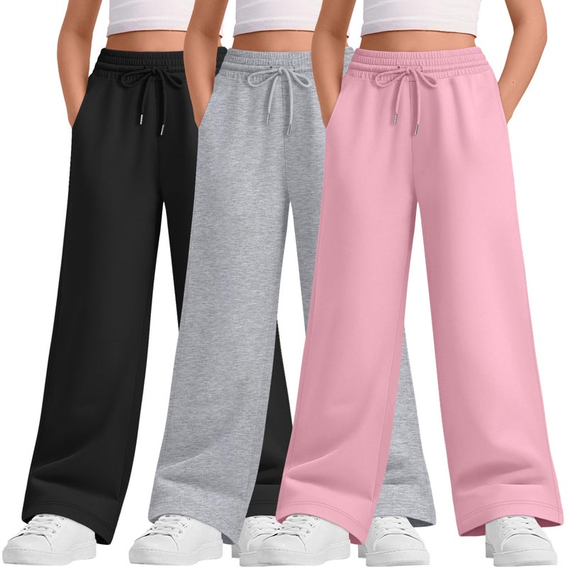 LessonZoo Teen Girls Sweatpants Wide Leg Drawstring Baggy Pants Straight Leg Athletic Trousers with Pockets Size 5-14(Pink, Light Heather Gray, Black,11-12 Years) - Image 1