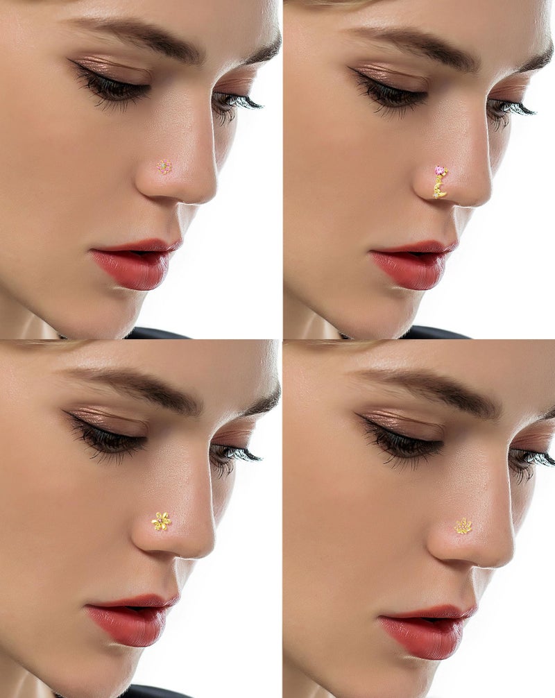 Tornito 16Pcs Nose Rings S Shaped Nose Stud Stainless Steel Butterfly Flower Leaf Heart Moon Dangle Nose Stud Ring Body Piercing Jewelry for Women Men 20G Pink CZ Gold - Image 4