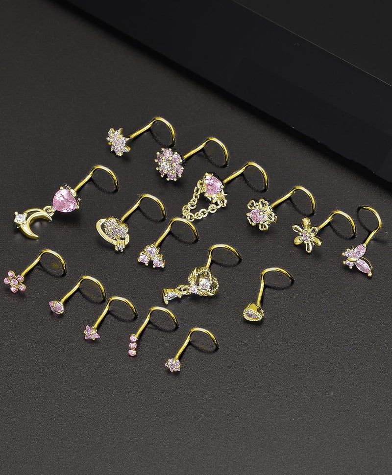 Tornito 16Pcs Nose Rings S Shaped Nose Stud Stainless Steel Butterfly Flower Leaf Heart Moon Dangle Nose Stud Ring Body Piercing Jewelry for Women Men 20G Pink CZ Gold - Image 5