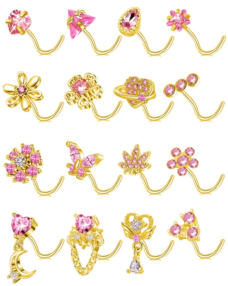 Tornito 16Pcs Nose Rings S Shaped Nose Stud Stainless Steel Butterfly Flower Leaf Heart Moon Dangle Nose Stud Ring Body Piercing Jewelry for Women Men 20G Pink CZ Gold - Image 1