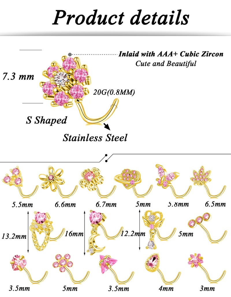 Tornito 16Pcs Nose Rings S Shaped Nose Stud Stainless Steel Butterfly Flower Leaf Heart Moon Dangle Nose Stud Ring Body Piercing Jewelry for Women Men 20G Pink CZ Gold - Image 2