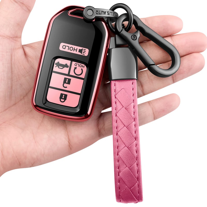 Sindeda for Honda key fob cover with leather keychainSoft TPU Full key Shell Protectionkey fob case compatible Honda Accord Civic CRV Pilot Odyssey Passport Smart Remote KeyKey Fob Shell Pink