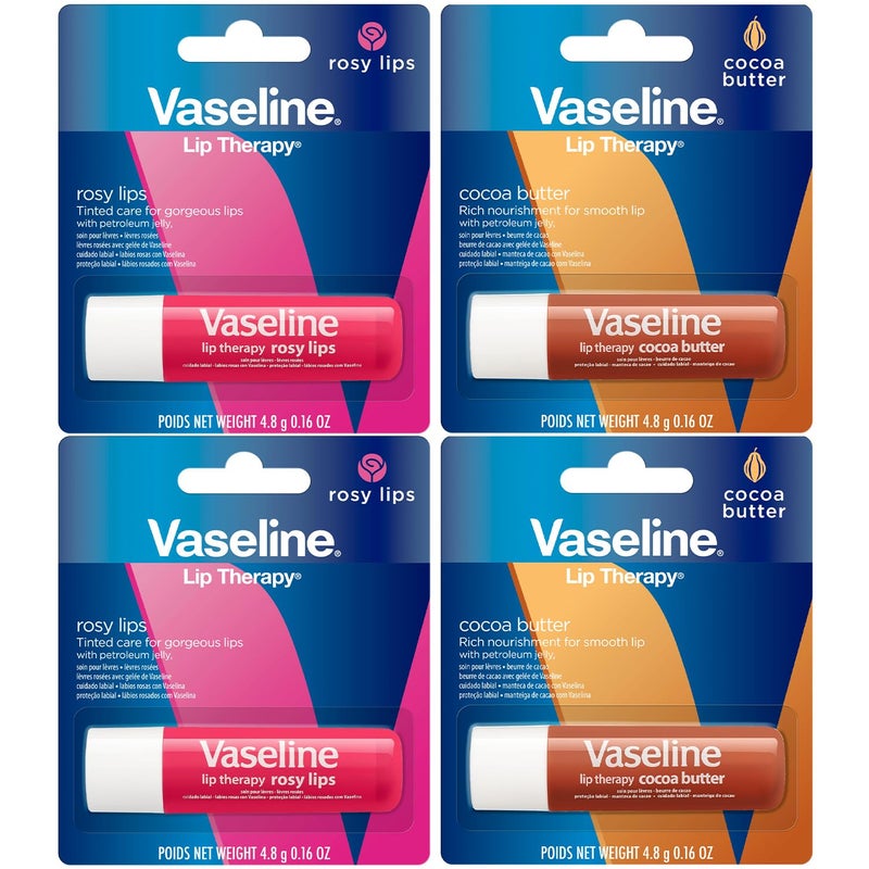Vaseline Lip Therapy Variety 4-Pack – Rosy Lips + Cocoa Butter Moisturizing Lip Balm with Vitamin E, 0.16 Oz Ea - Image 1