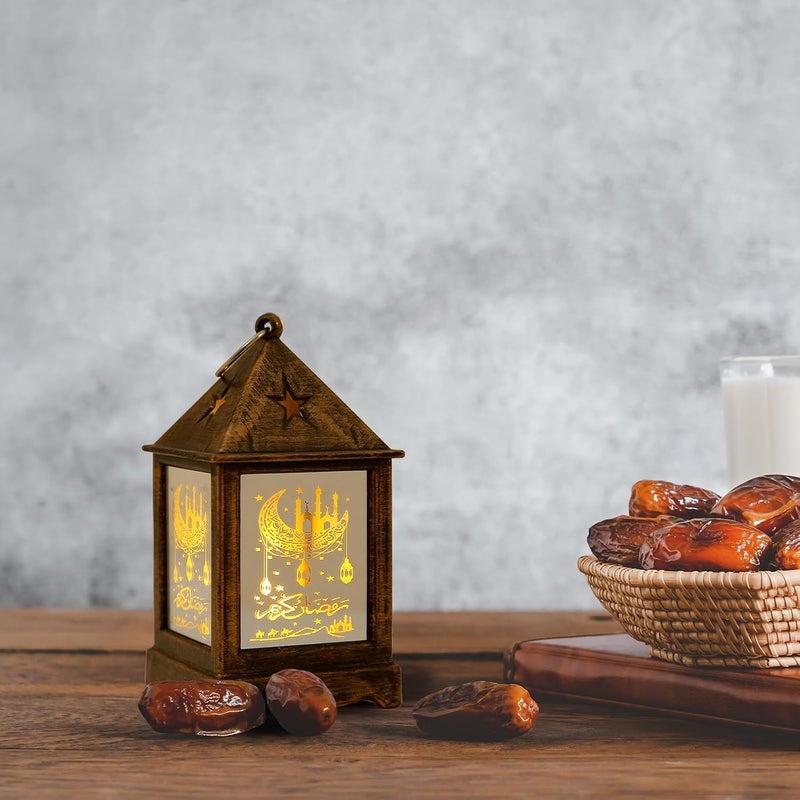 Glodecart 2 قطعة فانوس رمضان لتزيين رمضان، فانوس رمضان ذو نمط القلعة الصغيرة البنية الداكنة والقمر لتزيين طاولة رمضان، هدايا رمضان، ديكور المنزل، ديكورات رمضان للمنزل والهواء الطلق. - Image 4