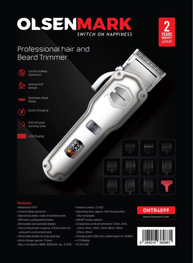 Olsenmark Professional Hair and Beard Trimmer OMTR4099, High Capacity Battery and Waterproof Design, Includes 10 Comb Attachments with Removable and Washable Silver - Image 5