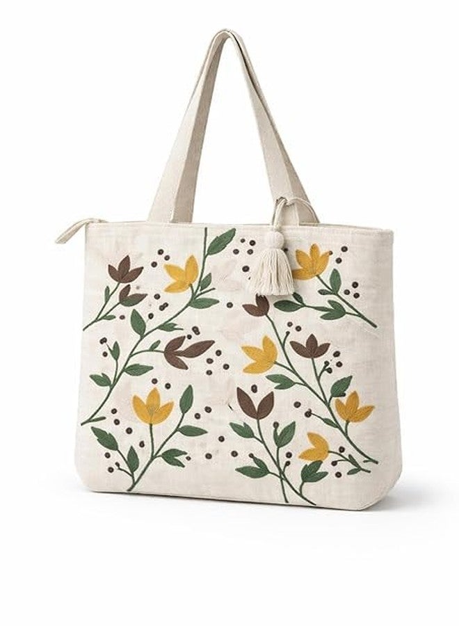 Blenzza Deco™ Canvas Natural Cotton Trendy Pattern Embroidery Work Shoulder 1 Tote Bag for Women Best for College, Shopping, Daily Use (16X16Inch) (Design 4) - Image 1