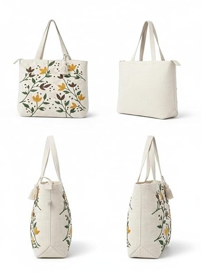 Blenzza Deco™ Canvas Natural Cotton Trendy Pattern Embroidery Work Shoulder 1 Tote Bag for Women Best for College, Shopping, Daily Use (16X16Inch) (Design 4) - Image 2