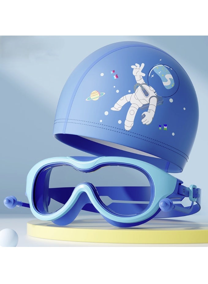 Kids Swimming Goggles, Children Swim Goggles with Silicone Swim Cap, Anti-Fog Swim Gear Set for Boys and Girls (with Storage Box) Blue Astronaut