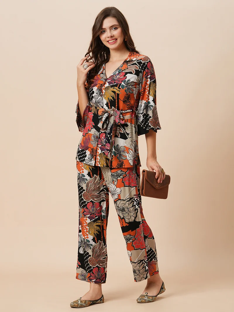 globus Women Notch Lapel Floral Print Belted Tunic With Mid-Rise Pants Fusion Co-Ord Set