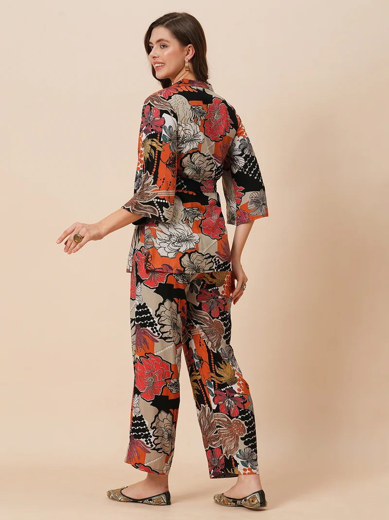 globus Women Notch Lapel Floral Print Belted Tunic With Mid-Rise Pants Fusion Co-Ord Set