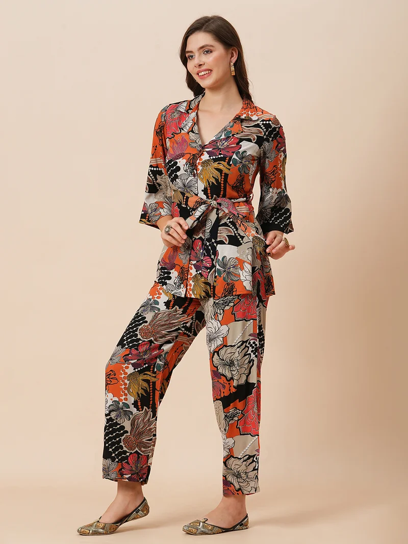 globus Women Notch Lapel Floral Print Belted Tunic With Mid-Rise Pants Fusion Co-Ord Set