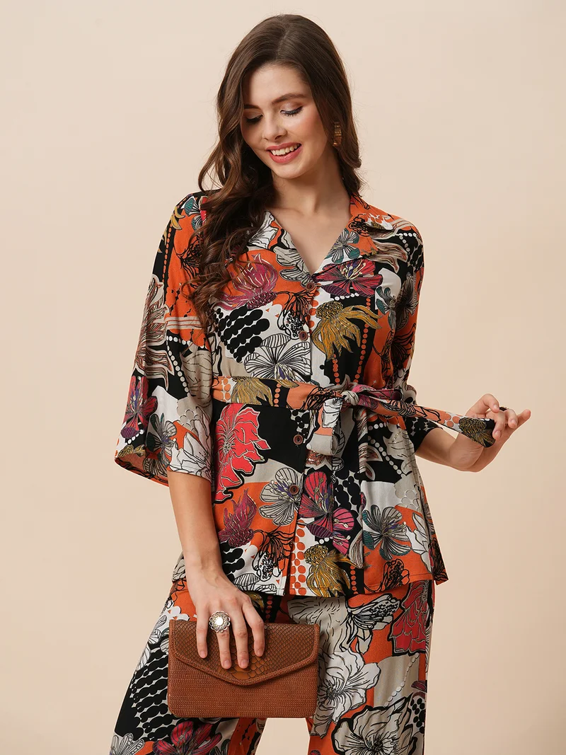 globus Women Notch Lapel Floral Print Belted Tunic With Mid-Rise Pants Fusion Co-Ord Set