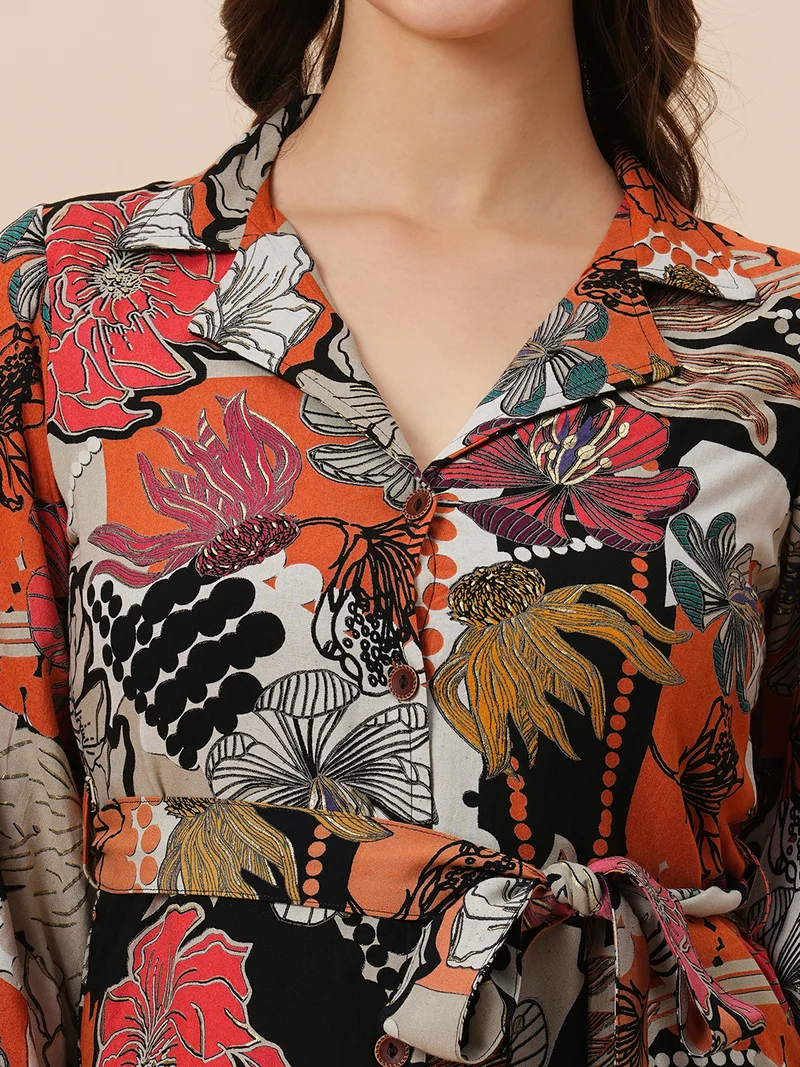 globus Women Notch Lapel Floral Print Belted Tunic With Mid-Rise Pants Fusion Co-Ord Set