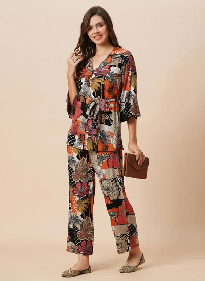 globus Globus Women Notch Lapel Floral Print Belted Tunic With Mid-Rise Pants Fusion Co-Ord Set
