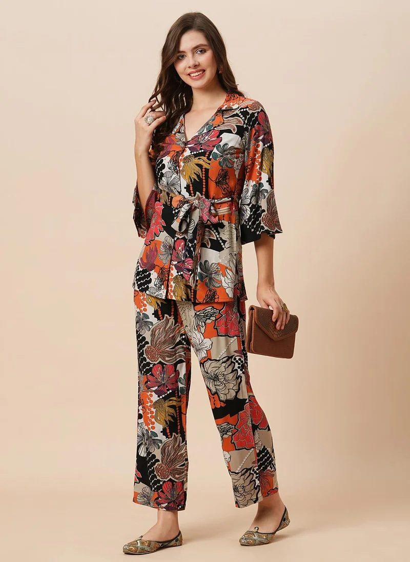 globus Globus Women Notch Lapel Floral Print Belted Tunic With Mid-Rise Pants Fusion Co-Ord Set