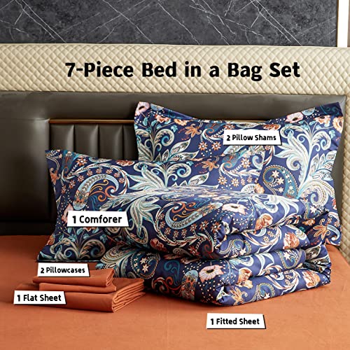 Gusuhome 7 Piece Paisley Flower Comforter Set Bed in a Bag Set Queen Size Luxury Dark Blue Vintage Floral Boho Medallion Comforter Soft & Breathable Microfiber Bedding Set for Woman Adults - Image 2
