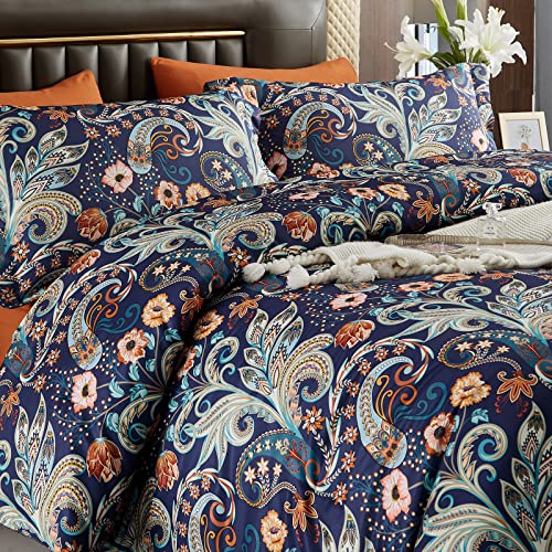 Gusuhome 7 Piece Paisley Flower Comforter Set Bed in a Bag Set Queen Size Luxury Dark Blue Vintage Floral Boho Medallion Comforter Soft & Breathable Microfiber Bedding Set for Woman Adults - Image 1