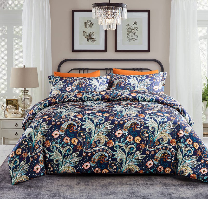 Gusuhome 7 Piece Paisley Flower Comforter Set Bed in a Bag Set Queen Size Luxury Dark Blue Vintage Floral Boho Medallion Comforter Soft & Breathable Microfiber Bedding Set for Woman Adults - Image 3