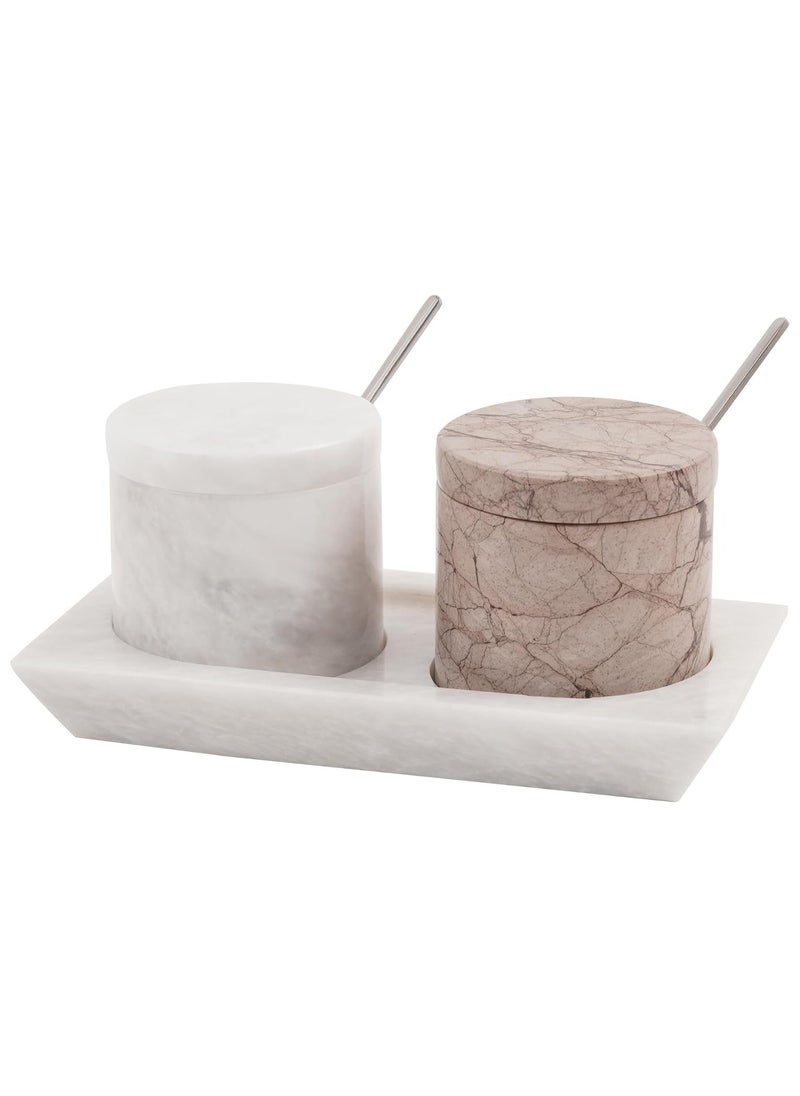 RADICALn Radicaln Marble Salt Cellar With Lid & Tray White And Marinara Handmade Elegant Sugar Container And Salt Container Set of 2 For Kitchen Storage - Spice Jars For Seasoning  - Image 1