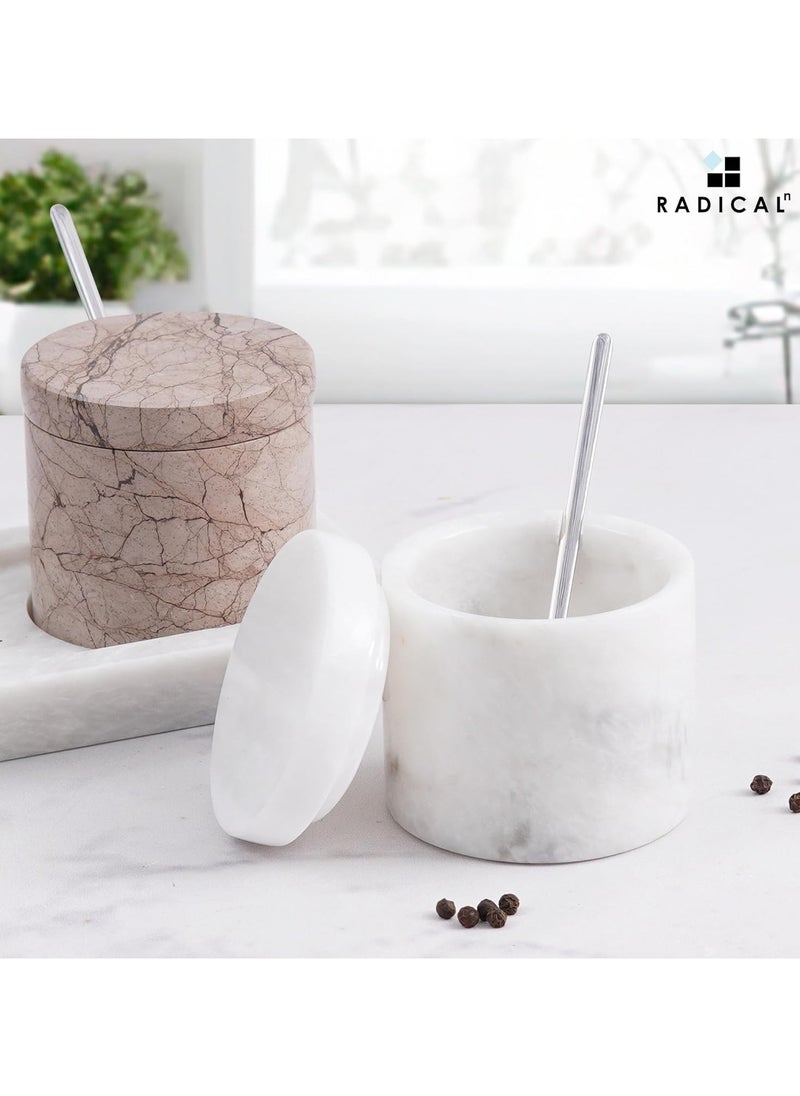 RADICALn Radicaln Marble Salt Cellar With Lid & Tray White And Marinara Handmade Elegant Sugar Container And Salt Container Set of 2 For Kitchen Storage - Spice Jars For Seasoning  - Image 2