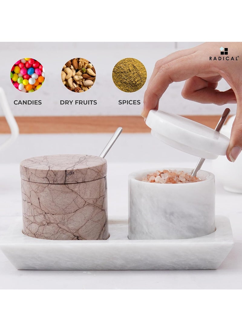 RADICALn Radicaln Marble Salt Cellar With Lid & Tray White And Marinara Handmade Elegant Sugar Container And Salt Container Set of 2 For Kitchen Storage - Spice Jars For Seasoning  - Image 4
