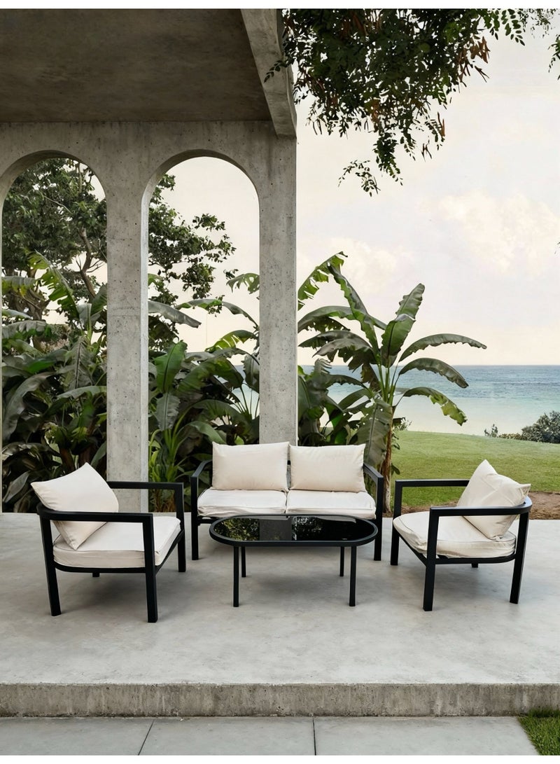 Broyhome 4-Seater Outdoor Furniture Set, Patio Furniture Sea View Style, Black Metal Frame with Beige Cushions, Sofa and Coffee Table Combination - Image 1