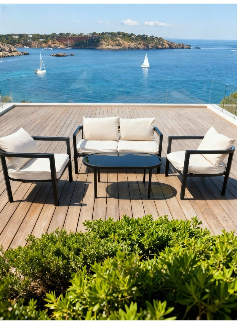 Broyhome 4-Seater Outdoor Furniture Set, Patio Furniture Sea View Style, Black Metal Frame with Beige Cushions, Sofa and Coffee Table Combination - Image 2