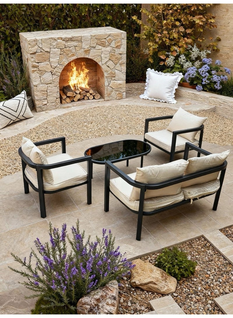 Broyhome 4-Seater Outdoor Furniture Set, Patio Furniture Sea View Style, Black Metal Frame with Beige Cushions, Sofa and Coffee Table Combination - Image 3