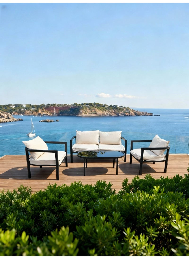 Broyhome 4-Seater Outdoor Furniture Set, Patio Furniture Sea View Style, Black Metal Frame with Beige Cushions, Sofa and Coffee Table Combination - Image 4