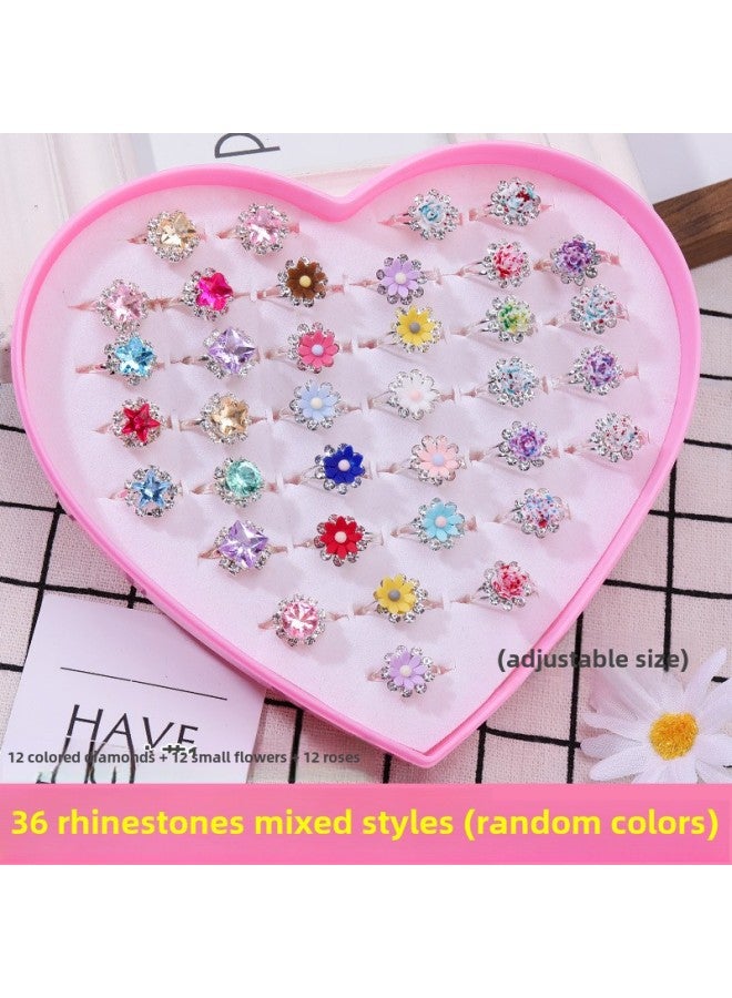 Children's Ring Girl's Diamond Gem Toy Girl's Baby Crystal Ring Princess Pearl Jewelry Jewelry Box-Color:36 Rhinestone Mix And Match Rings  - Image 1