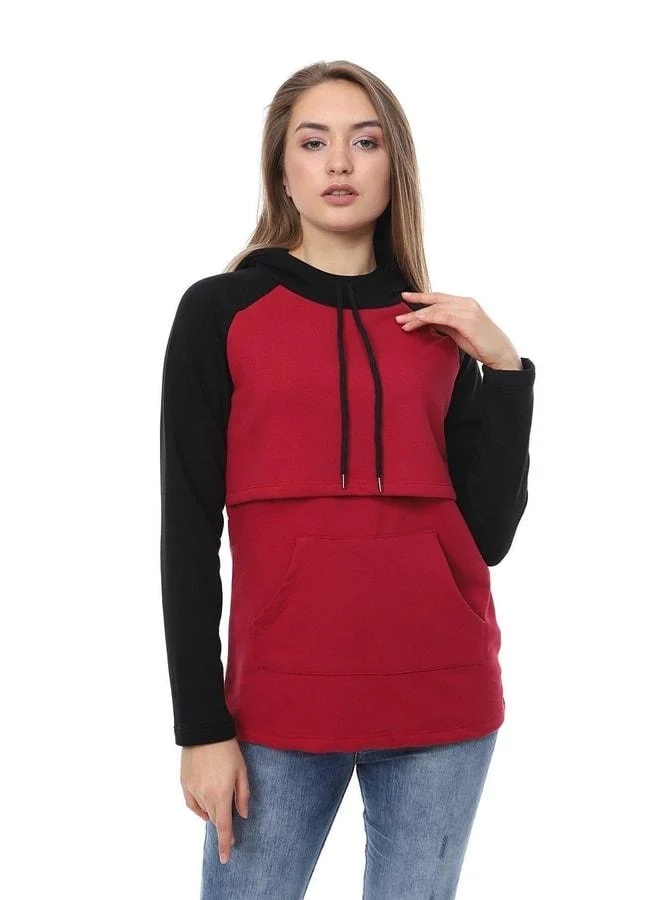 LuvmaBelly Myra4523 Black & Burgundy Panelled Hooded and Pocket Nursing Sweatshirt.