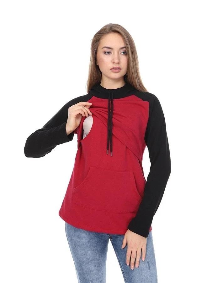 LuvmaBelly Myra4523 Black & Burgundy Panelled Hooded and Pocket Nursing Sweatshirt.