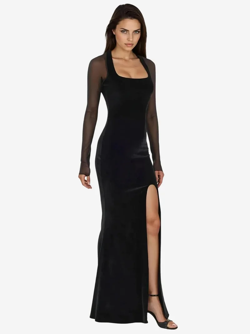 HICCUP Black Velvet Bodycon Evening Dress with Long Sleeves for Women | Best Price UAE