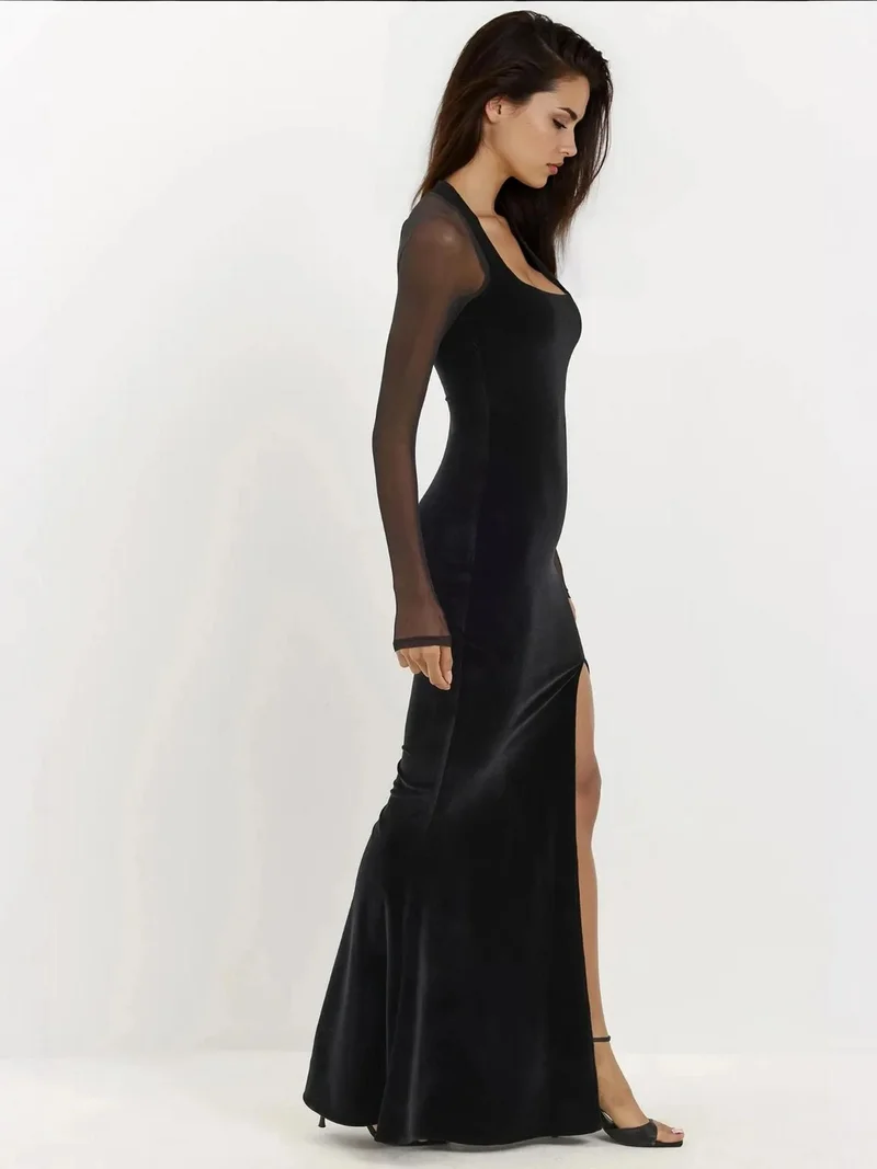 HICCUP Velvet Bodycon Evening Dress with Long Sleeves