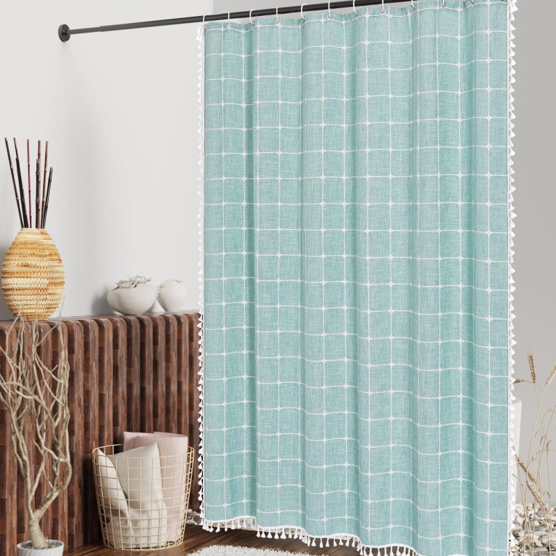 MitoVilla Teal Blue Boho Shower Curtains for Modern Farmhouse Bathroom Decor  Turquoise Country Thick Cotton Linen Fabric Shower Curtain with Tassel  72 x 72 - Image 1