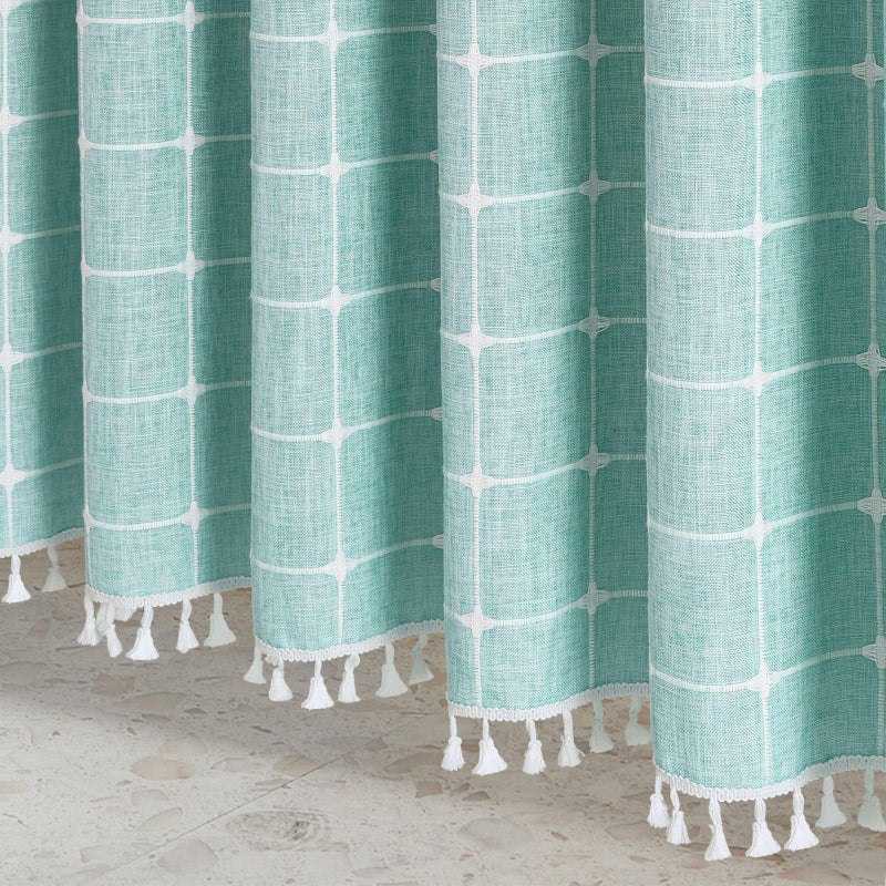 MitoVilla Teal Blue Boho Shower Curtains for Modern Farmhouse Bathroom Decor  Turquoise Country Thick Cotton Linen Fabric Shower Curtain with Tassel  72 x 72 - Image 4