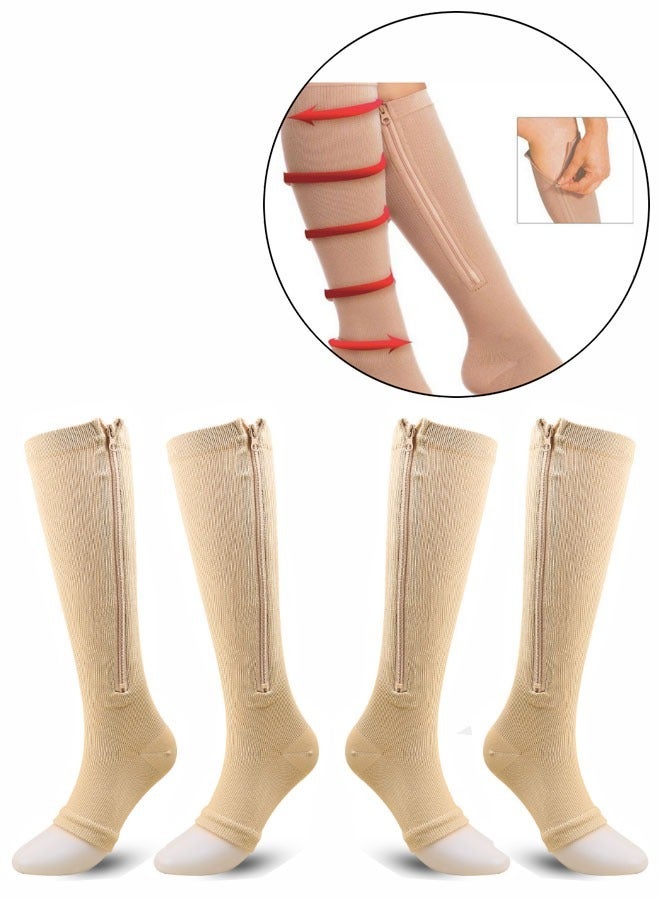 2 Pairs of Long Zippered Compression Socks with Gradient Pressure Relief for Calf and Sole Fatigue - Image 1