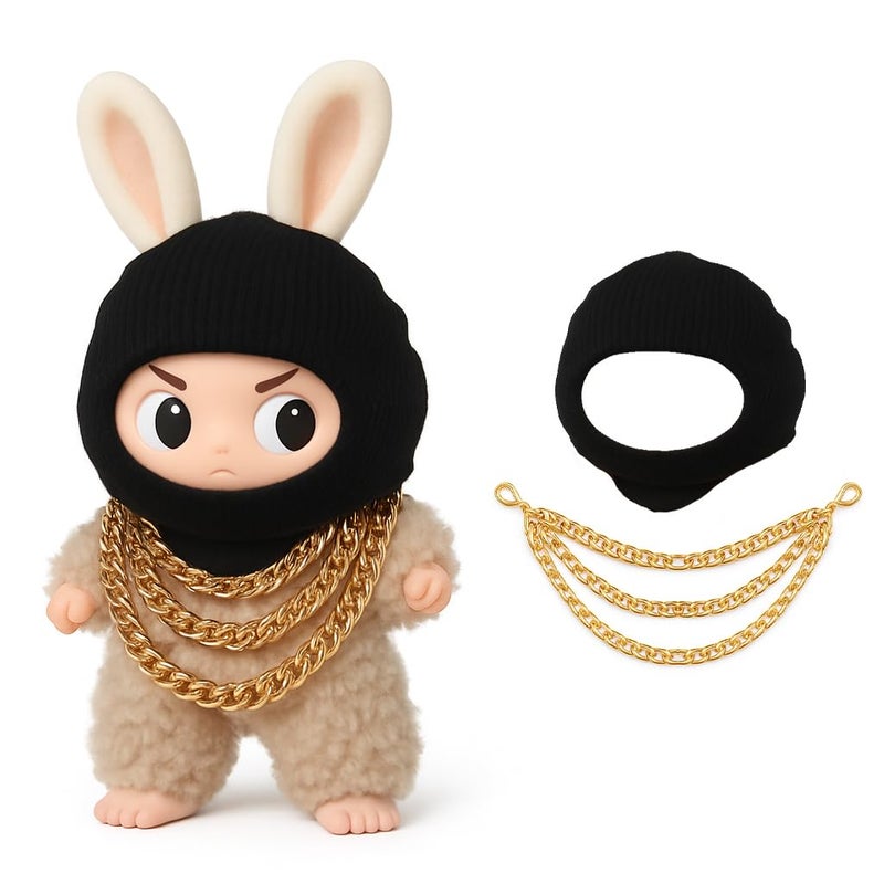 VVQUI Clothes for LABUBU 17cm Doll NO Doll Outfit for LABUBU Black Head Cover ThreeLayer Gold Necklace Funny Outfits Accessories for Unique Style - Image 2