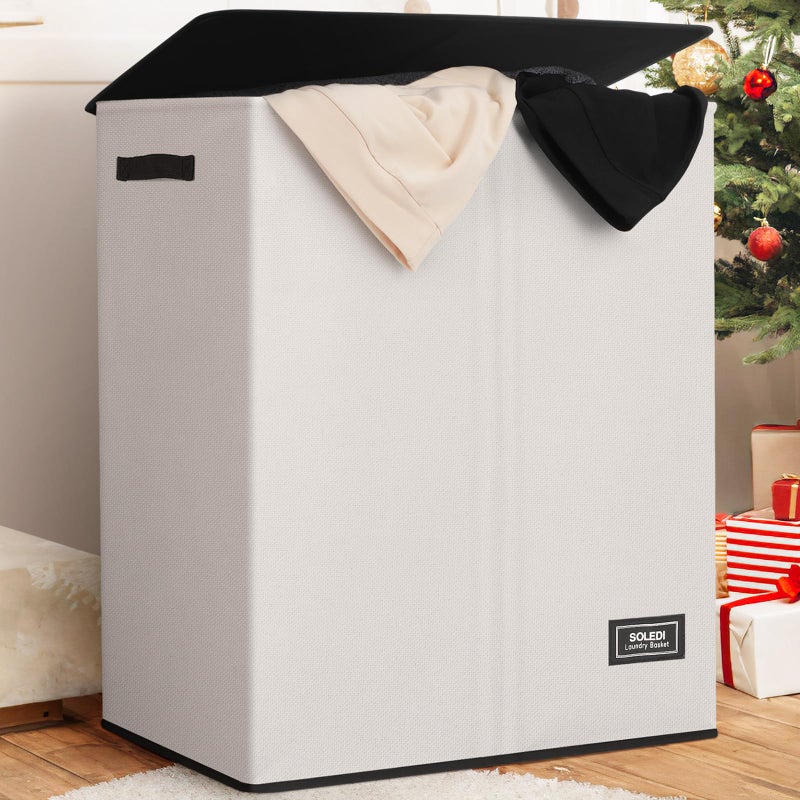 SOLEDI Double Laundry Hamper with Lid and Removable Laundry Bags  Large Hamper for Laundry  Laundry Basket 2 Sections  Collapsible Laundry Baskets for Bedroom  Laundry Room  Bathroom  Off-white - Image 1